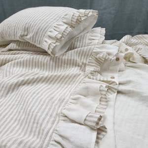 DUVET COVER with ruffles at the bottom in off-white and striped softened linen - linen quilt cover - Queen King ruffled bedding