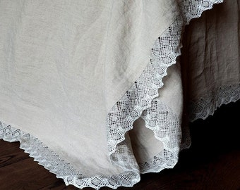 Lace trimmed TOP SHEET from washed natural flax linen - farmhouse chic flat sheets - Twin Full Queen California King luxury bed sheets