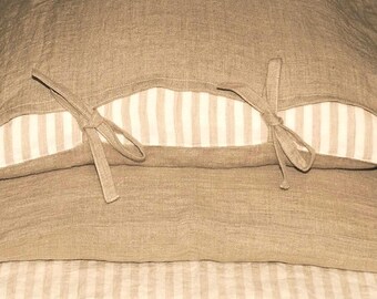 Set of 2 Linen Pillowcases in Natural Flax Beige with Ties and Striped Closure. Size US STANDARD  or 51x66cm