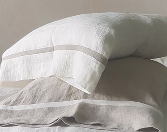 Linen PILLOWCASE with contrasting linen trim on short hem - softened linen pillow sham, pillowslip - standard Queen King body pillow cases