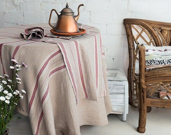 Natural Linen Tablecloth with Red Stripes in French Country Style. Rustic Decor for Dining Table. Table linen - Stylish and Practical Gift