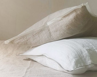 Linen PILLOWCASE with contrasting linen trim around - softened linen pillow sham, pillowslip - standard Queen King body pillow cases