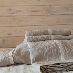 Natural Flax Linen Sheet Set with Off-White Trim: Includes Fitted Sheet & Pillowcases