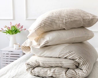 Reversible linen duvet set, off-white and striped - washed natural linen duvet cover, pillowcases - Twin Queen Cal King linen bedding set