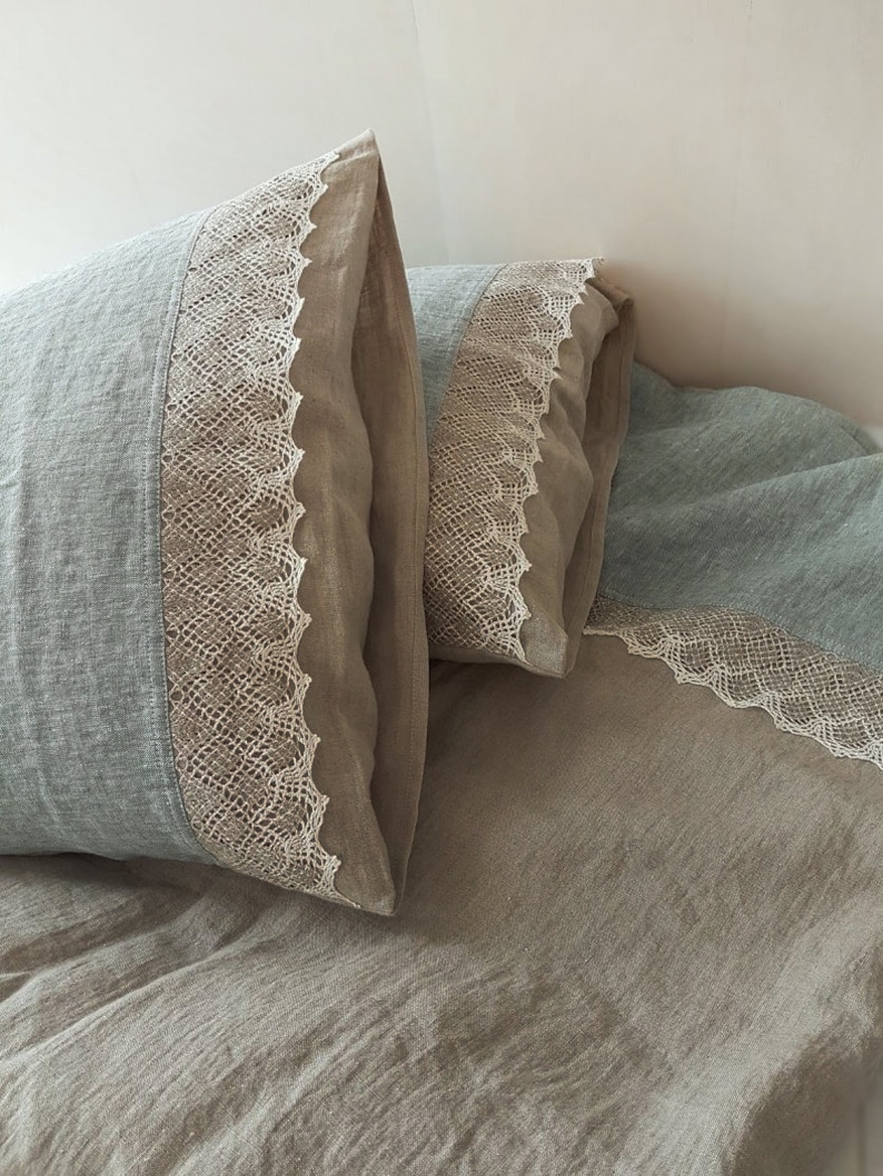 Linen lace PILLOW COVER from washed melange and natural flax linen, pillow sham, pillowslip standard Queen King body pillowcases image 8