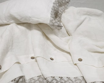Lace Linen DUVET COVER – Farmhouse Bedding in Off-White. French Country Softened Linen Doona, Comforter Cover in Queen, King, Custom Sizes