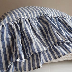 Nautic striped linen pillowcase with ruffles - long ruffles pillow sham -  washed linen pillow slip - Standard Queen King linen pillow case