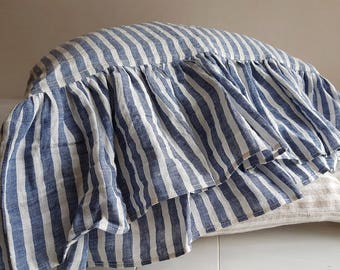Nautic striped linen pillowcase with ruffles - long ruffles pillow sham -  washed linen pillow slip - Standard Queen King linen pillow case