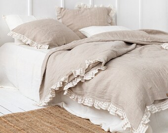 Softened European Linen DUVET SET with Striped Ruffles - Natural Flax Bedding - Farmhouse Chic Quilt Cover, Pillowcases - Oversized Sizes