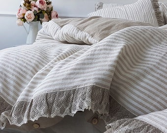 Ruffle linen DUVET COVER, lace bedding - washed heavier linen doona cover - natural striped linen quilt cover - Twin Queen King lace bedding