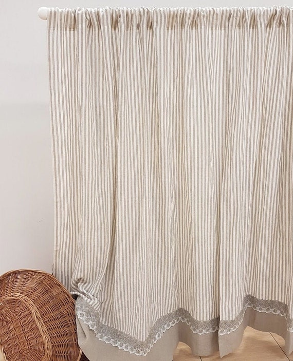 Lace Linen Curtains Rod Pocket Pinstriped Linen Drapery Etsy
