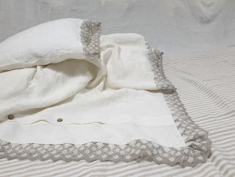 Lace linen DUVET COVER farmhouse chic in natural flax or off-white linen softened linen doona cover, comforter cover linen bedding image 6