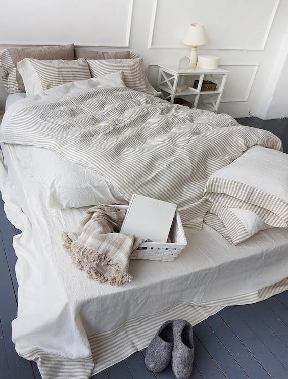 Reversible Linen Duvet Cover In Off White And Striped Natural Etsy