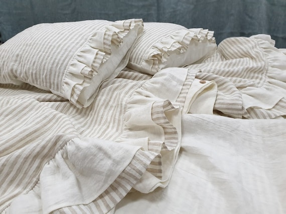 Ruffled Duvet Set Natural Linen Bedding Set In Striped And Etsy