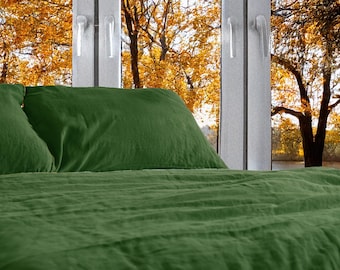 Forest Green Linen Duvet Cover Set, 100% European Flax Bedding, Softened OEKO-TEX Linen, Breathable Bedding, Natural Luxury