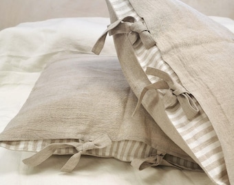 Set of 2 Linen Pillowcases in Natural Flax Beige with Ties and Striped Closure. Size US STANDARD  or 51x66cm