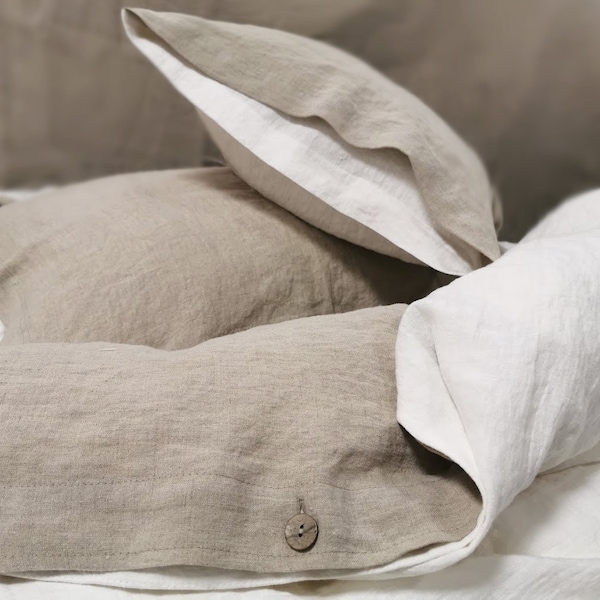 Farmhouse linen duvet set, reversible bedding - washed natural linen duvet cover, pillowcases - Twin Queen Cal King custom size bedding