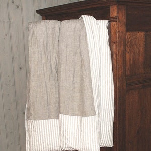 Reversible linen duvet cover flax natural and striped - washed heavier linen doona cover, pure linen quilt cover - Queen King linen bedding