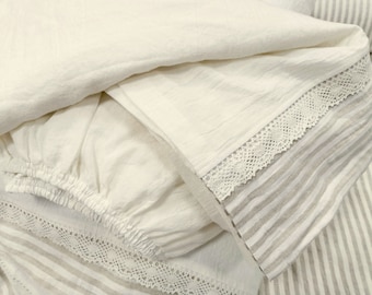 Linen TOP SHEET in off-white, with striped hem and lace - Twin Full Queen California King farmhouse bed sheets, custom sizes