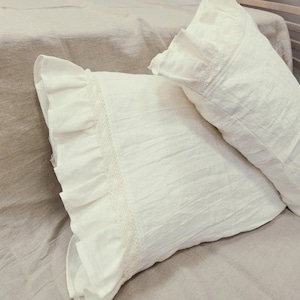 Linen PILLOWCASE in Shades of White Softened Linen - Ruffle Lace Pillow Cover - standard Queen King Body Pillow Covers, Custom Sizes