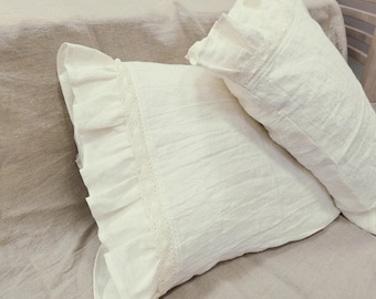 Linen PILLOWCASE in Shades of White Softened Linen - Ruffle Lace Pillow Cover - standard Queen King Body Pillow Covers, Custom Sizes