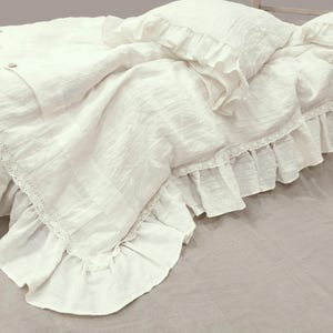 Ruffle Lace DUVET COVER in Shades of White Softened Linen - Shabby Chic Bedding in Twin Queen Cal King custom sizes