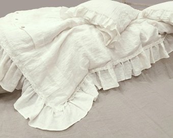Ruffle Lace DUVET COVER in Shades of White Softened Linen - Shabby Chic Bedding in Twin Queen Cal King custom sizes
