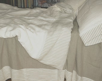Lace linen DUVET SET in off-white, striped linen - pure linen duvet cover, pillowcases - Twin Double Queen Cal King lace linen bedding set