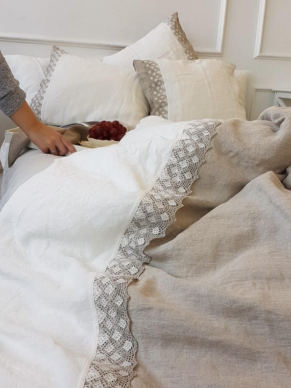 Linen Duvet Cover With Lace Heavier, Organic Stonewashed Belgian Flax Linen Duvet Cover