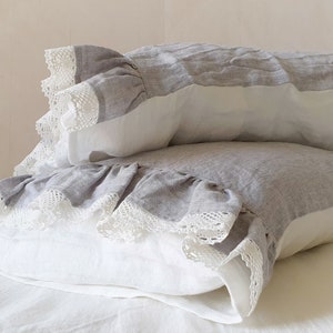 BEDDING SET With Ruffled Lace at the Bottom in Melange Grey and Off ...