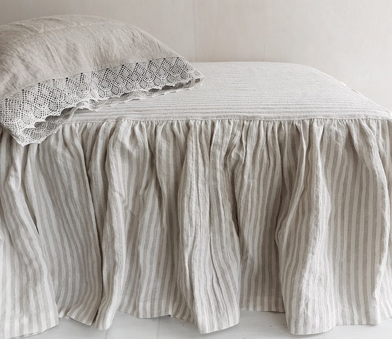 Striped Ruffle BEDSKIRT Stonewashed Linen Dust Ruffle Etsy