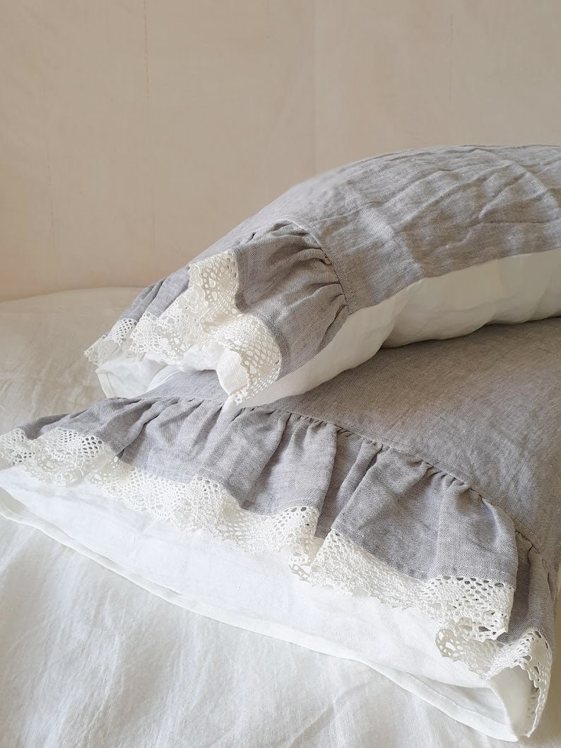 Ruffled Lace Trimmed Linen PILLOWCASE in Melange Grey and - Etsy