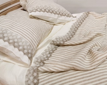 Lace Decorated Linen BEDDING SET in Natural Striped and Off-white Softened Linen. Duvet Cover, Pillowcases in Twin, Double, Queen, Cal King