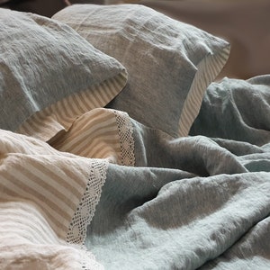 Lace linen DUVET COVER from bluish green and natural striped linen, softened linen doona cover - Twin Queen King linen bedding