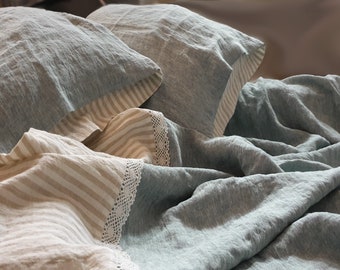 Lace linen DUVET COVER from bluish green and natural striped linen, softened linen doona cover - Twin Queen King linen bedding