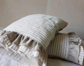 Ruffled linen PILLOWCASE - ruffle linen pillow sham - softened linen pillow cover - striped pillow slip - Standard Queen King linen shams