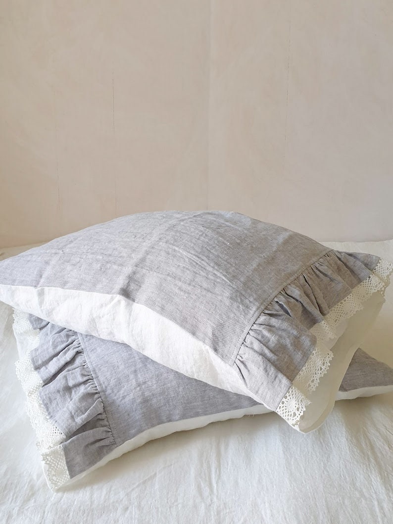 Ruffled Lace Trimmed Linen PILLOWCASE in Melange Grey and Etsy