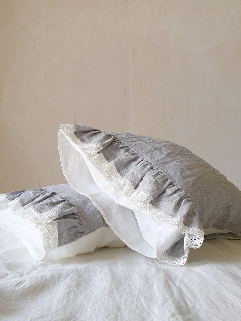 Ruffled Lace Trimmed Linen PILLOWCASE in Melange Grey and Etsy