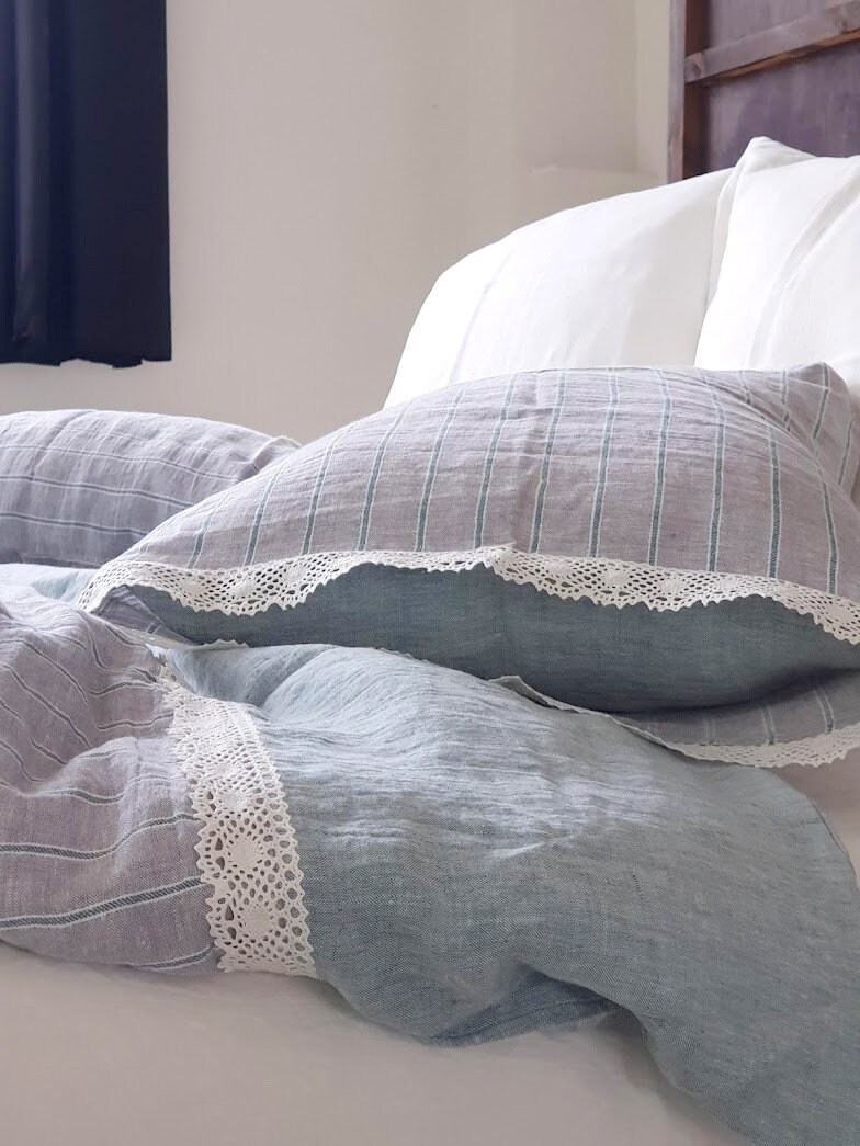 Lace trimmed linen PILLOWCASE from melange ticking linen Etsy