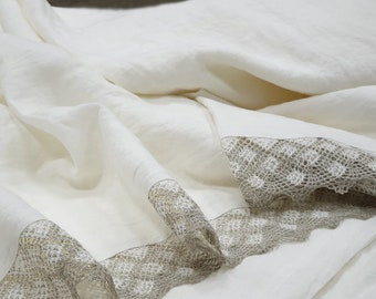 Lace Trimmed Linen Top Sheet: Off-White Farmhouse Bedding