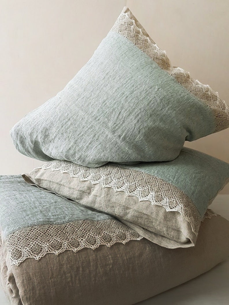 Linen lace PILLOW COVER from washed melange and natural flax linen, pillow sham, pillowslip standard Queen King body pillowcases image 2