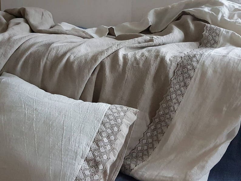 Luxurious Linen Duvet Set with Lace Trim. Stonewashed Pure Linen Bedset, Quilt, Pillow Covers. Customizable Natural Bedding, Size Options image 7