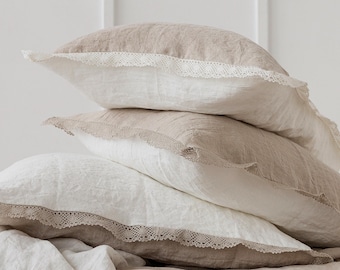 Linen Lace Trimmed Reversible Pillowcase in Natural Flax, Off-hite Softened Linen. Farmhouse Chic Luxury Sham. Size US STANDARD  or 50x65cm