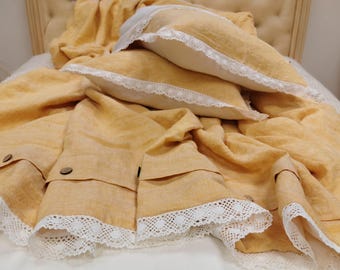 Lace Trimmed Linen DUVET SET. Two Sided Yellow, Off White Softened Bedding. Comforter Cover, Pillowcases. Chic Farmhouse Bedding