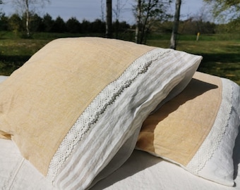 Lace PILLOW COVER in yellow melange and softened natural linen - farmhouse chic pillow cover - standard Queen King body linen pillowcases
