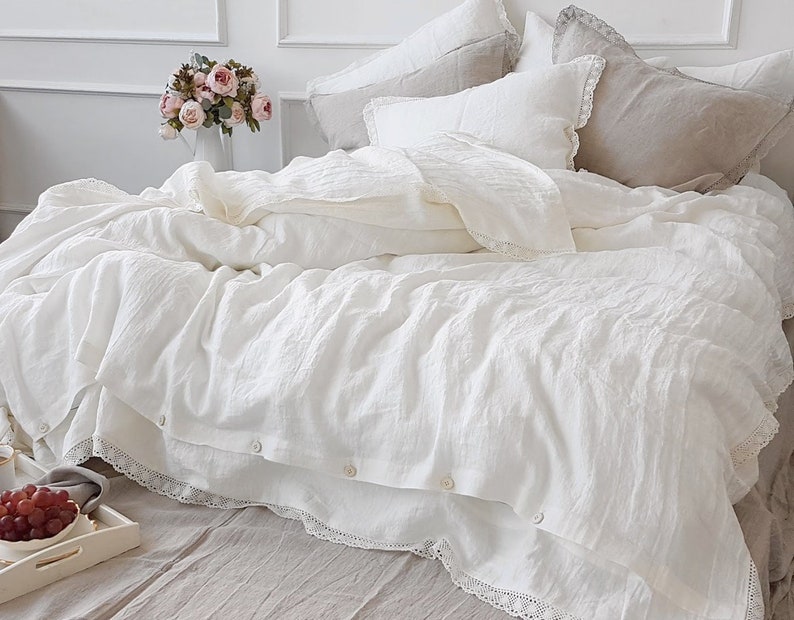 Linen Lace Bedding Set In Off White Or Natural Flax Stonewashed Duvet Cover Pillowcases Twin Queen King