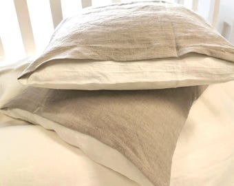 Set of 2 Reversible Housewife Linen Pillowcases from Softened Dye-free Natural Flax Beige and Off-white Linen. Size US KING 20x36, 51x91cm