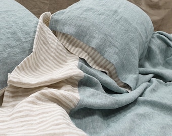 Linen BEDDING SET in softened melange bluish green and natural striped linen - Twin Queen Cal King bed linen