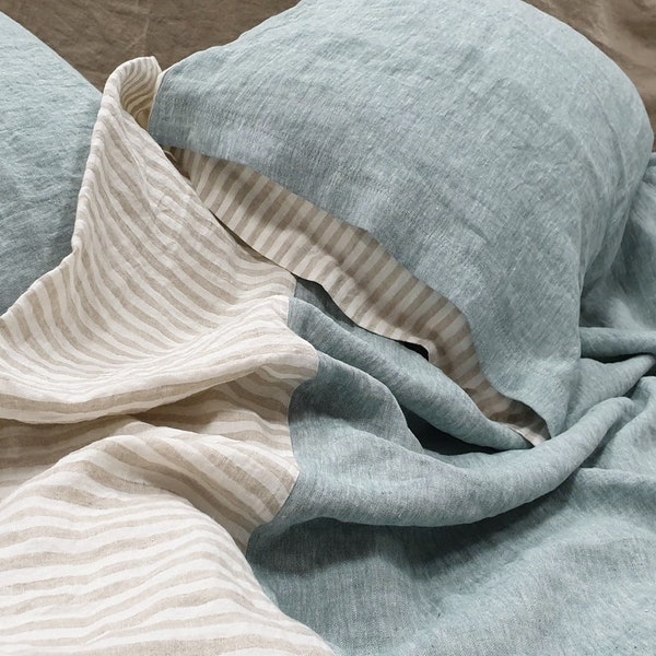 Linen BEDDING SET in softened melange bluish green and natural striped linen - Twin Queen Cal King bed linen