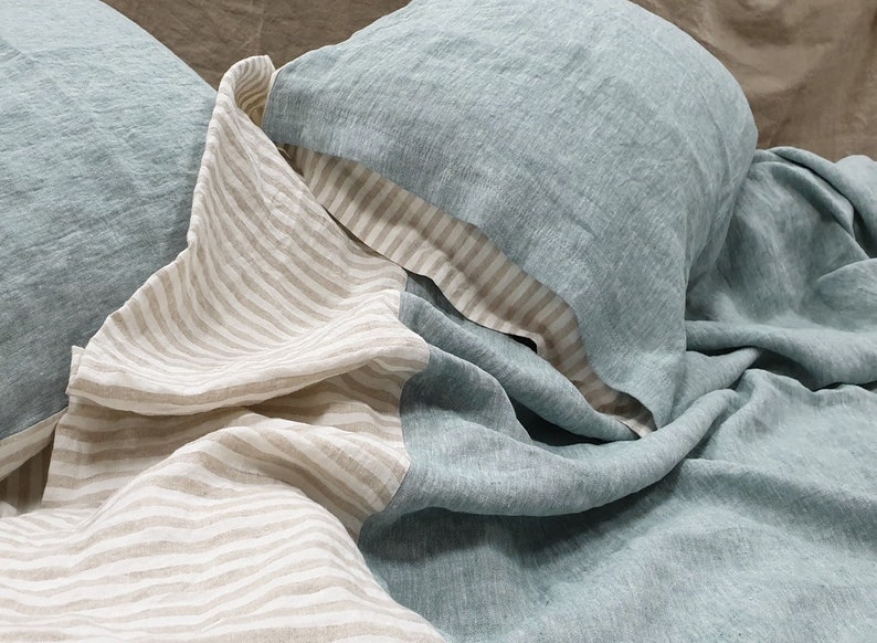 Linen Bedding Set In Softened Melange Bluish Green And Natural - Farmhouse Cal King Bedding Set Linen Bedding Set In Softened Melange Bluish Green And Natural - Farmhouse Cal King Bedding Set